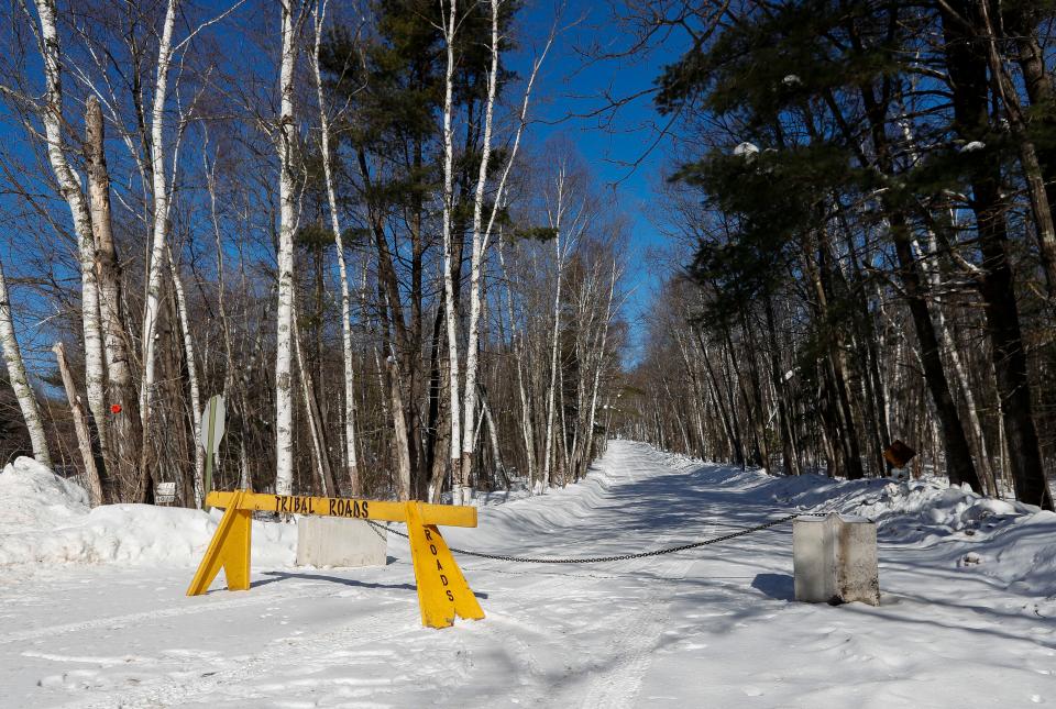 A roadblock is seen along Annie Sunn Lane on Wednesday, February 8, 2023, at Lac du Flambeau town hall in Lac du Flambeau, Wis. A special town board meeting was held to receive public comment and deliberate over the town’s course of action in response to Lac du Flambeau reservation tribal officials erecting barricades along four roads in the area. Tribal officials set up barricades on the roads Jan. 30 after negotiations with property title companies that built the roads and the homes they access broke down. Tribal officials say the roads were illegally built on tribal lands and the tribe was not compensated for the right-of-way easements.Tork Mason/USA TODAY NETWORK-Wisconsin 