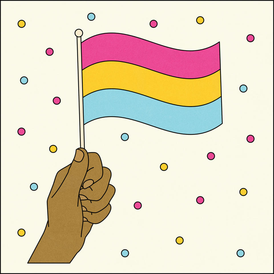 Illustration of hand holding Pansexual flag (Allie Sullberg for TODAY)