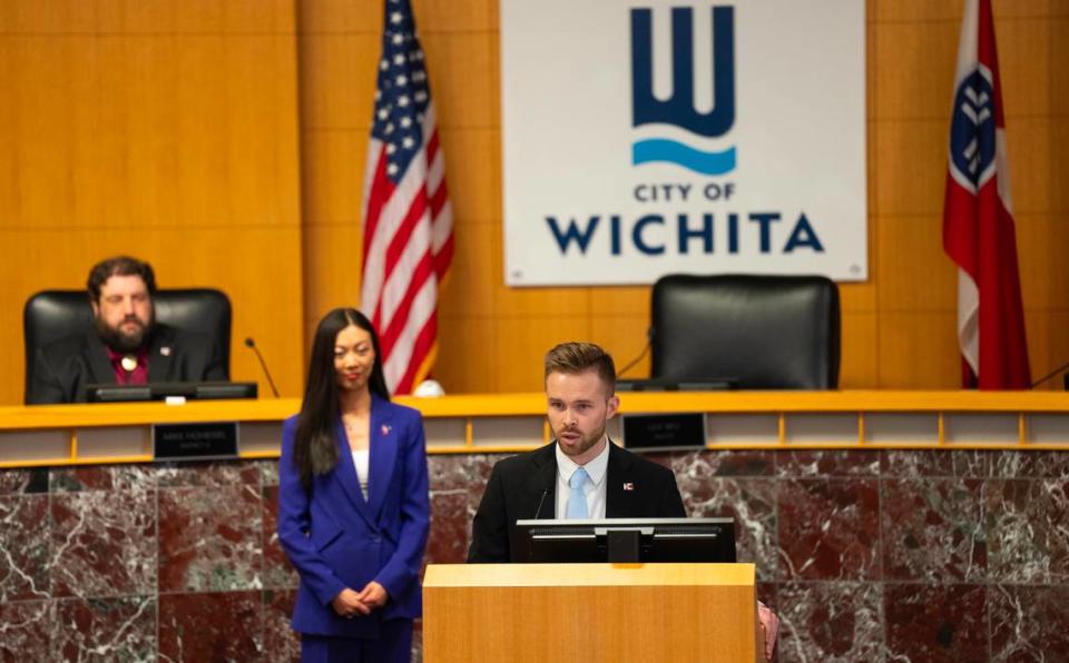 Wichita City Council member Dalton Glasscock addresses the crowd after being sworn in on Monday evening. 