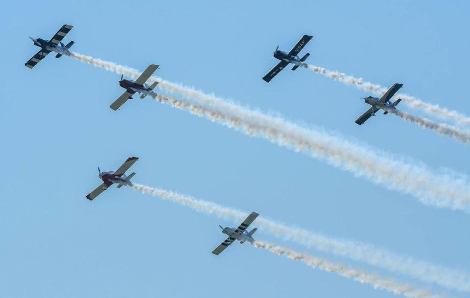 Members of KC Flight, a local group who makes their own planes, flew in formation on the second and final day of the 2021 Kansas City Airshow at the New Century AirCenter in New Century, Kansas, July 4, 2021.