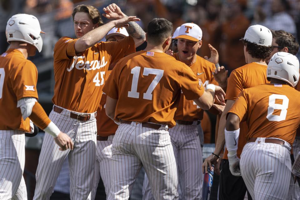 Texas' Ivan Melendez celebrates a run against Rice early this season. Melendez hit a home run in Friday night's 8-1 win over Kansas; it was his 28th homer of the season, tying Kyle Russell's single-season school record.