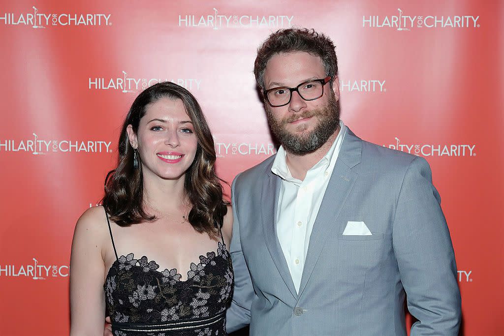 Actors Lauren Miller (L) and Seth Rogen attend HFC NYC presented by Hilarity for Charity at Highline Ballroom on June 29, 2016 in New York City