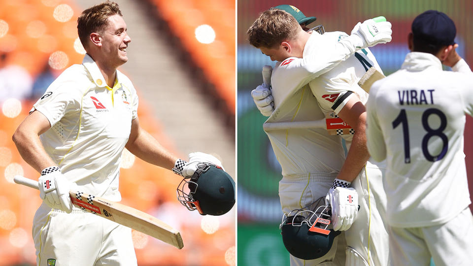 Cameron Green, pictured here celebrating his first innings century with Usman Khawaja in the fourth cricket Test.