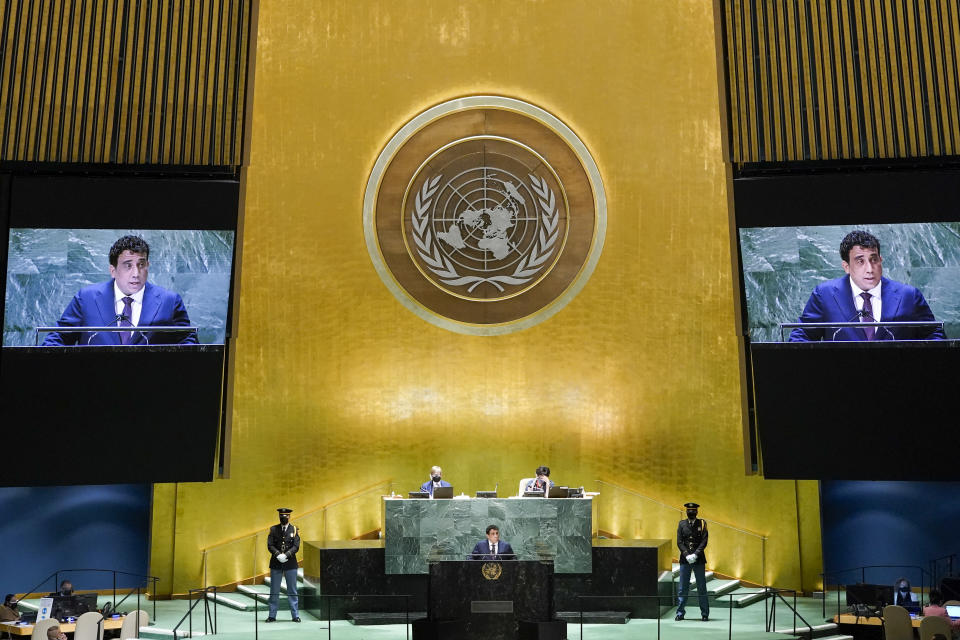 Libya's President Mohamed Younis Menfi addresses the 76th Session of the United Nations General Assembly, Thursday, Sept. 23, 2021 at U.N. headquarters. (AP Photo/Mary Altaffer, Pool)