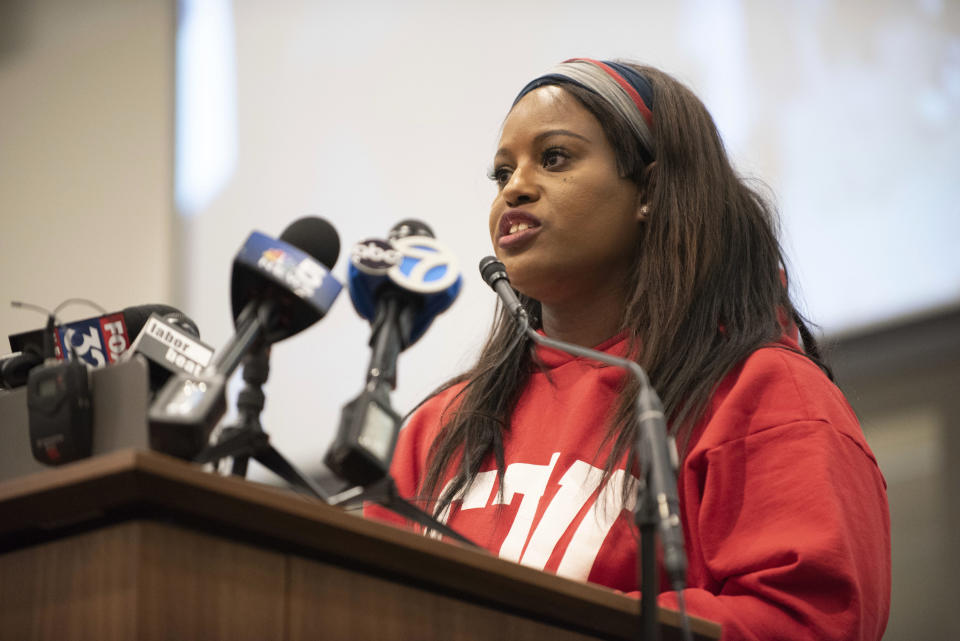 Stacy Davis Gates, vice president of the Chicago Teachers Union, speaks during a news conference at the CTU headquarters in Chicago on Sunday, Dec. 9, 2018. The nation's first teachers' strike against a charter school operator will end after their union and management struck a tentative deal Sunday that includes protections for students and immigrant families living in the country illegally. (Colin Boyle/The Beacon-News via AP)