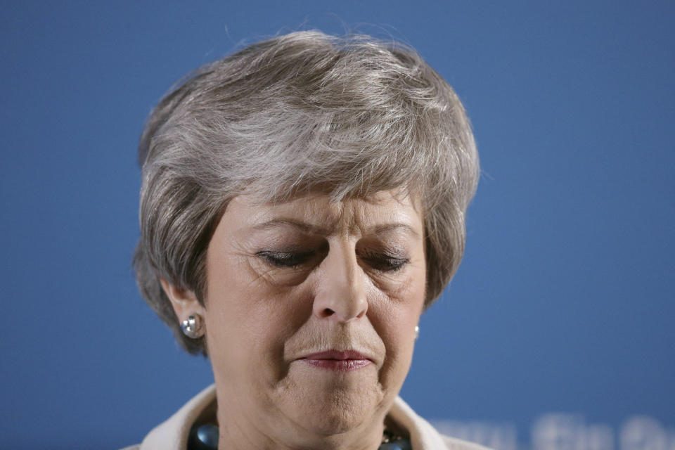 Britain's Prime Minister Theresa May attends the Welsh Conservative party conference at Llangollen, Wales, Friday May 3, 2019. Britain's main Conservative and Labour parties took a hammering in local elections as Brexit-weary voters expressed frustration over the country's stalled departure from the European Union.(Aaron Chown/PA via AP)