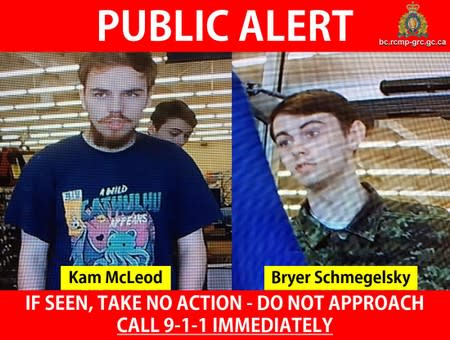 Kam McLeod and Bryer Schmegelsky are seen in undated CCTV footage on a public alert issued by the RCMP