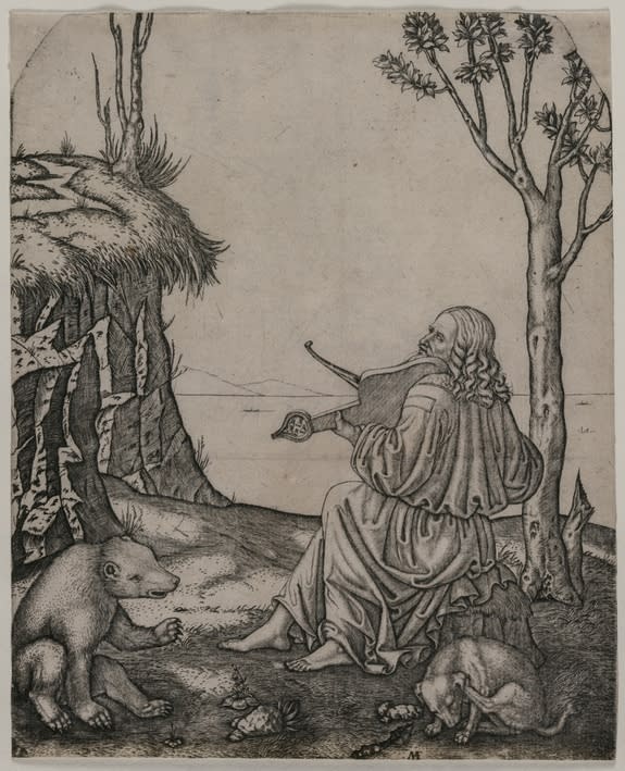 This engraving, created by Marcantonio Raimondi around 1505, may show Leonardo da Vinci playing an instrument called a lira da braccio. The man in the engraving was thought to be Orpheus, a musician in Greek mythology.