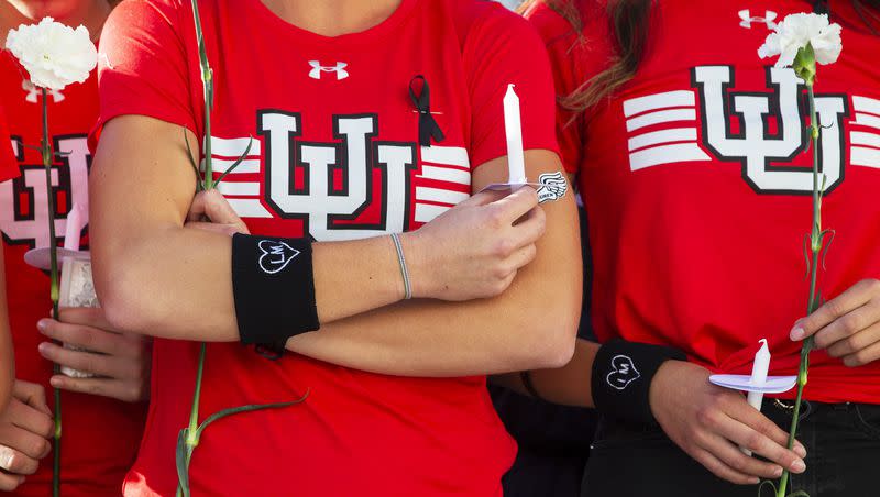 Members of the Utah track team attend a vigil for Lauren McCluskey along with other student-athletes and fellow students at the University of Utah on Wednesday, Oct. 24, 2018. McCluskey was killed Monday Oct. 22, 2018.