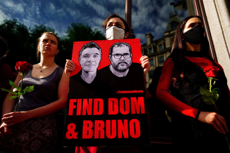 Supporters hold a vigil outside the Brazilian Embassy in London for Dom Phillips and Bruno Araujo Pereira, a British journalist and an Indigenous affairs official who are missing in the Amazon, June 9, 2022. / Credit: Victoria Jones/PA Images/Getty