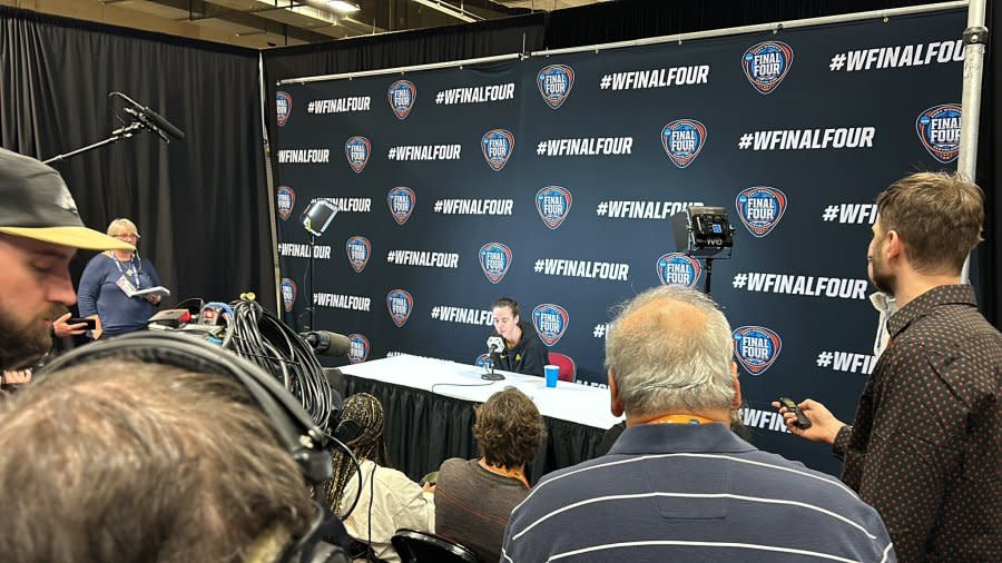 Caitlin Clark meets the media in Cleveland on April 4, 2024, in advance of the Final Four. (Blake Hornstein, Hawkeye Headquarters)