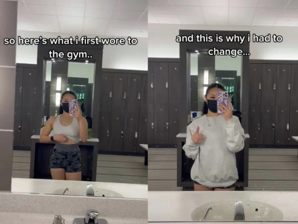 Woman reveals she had to change into oversized sweatshirt after man at gym took photos of her (TikTok / @vniel)