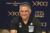 Japan head coach Jamie Joseph smiles while speaking during a press conference in Tokyo Friday, Aug. 30, 2019. Joseph has set an ambitious goal of reaching the quarterfinals when the 2019 Rugby World Cup begins in Japan next month. Currently ninth in the world rankings after winning its third Pacific Nations title this month, Japan is in Pool A with Ireland, Scotland, Russia and Samoa. (AP Photo/Jim Armstrong)