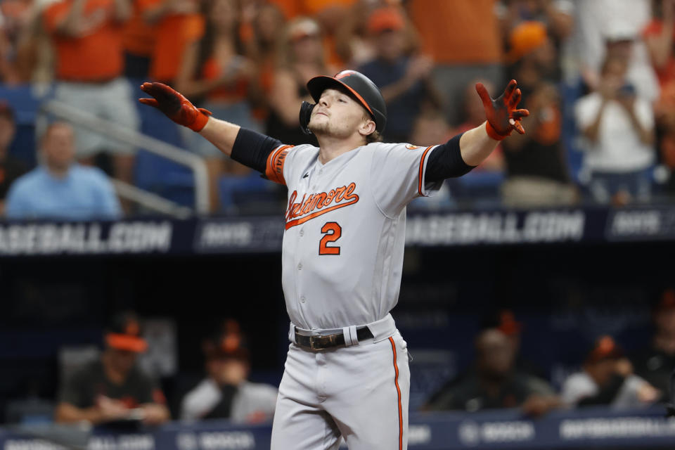 Baltimore Orioles' Gunnar Henderson celebrates after hitting a two-run home run against the Tampa Bay Rays during the second inning of a baseball game Sunday, July 23, 2023, in St. Petersburg, Fla. (AP Photo/Scott Audette)
