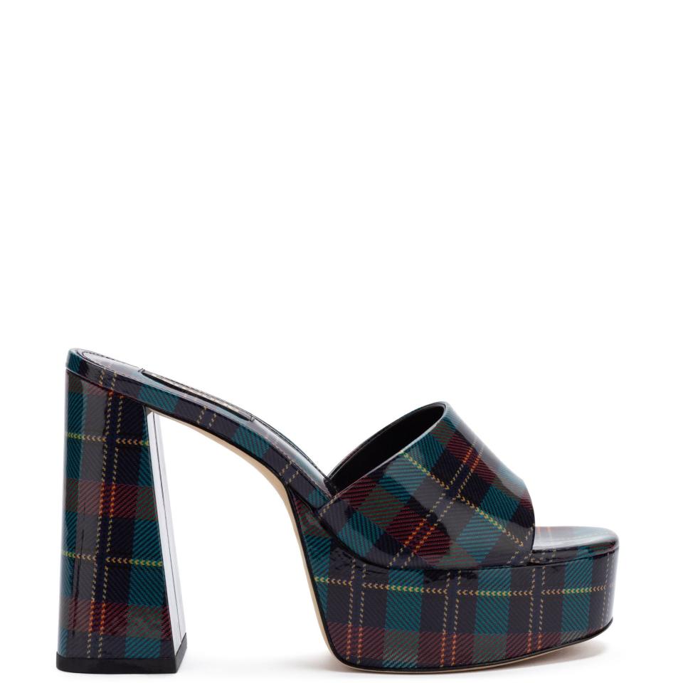 2) Dolly Mule In Bordeaux and Blue Tartan Patent Leather