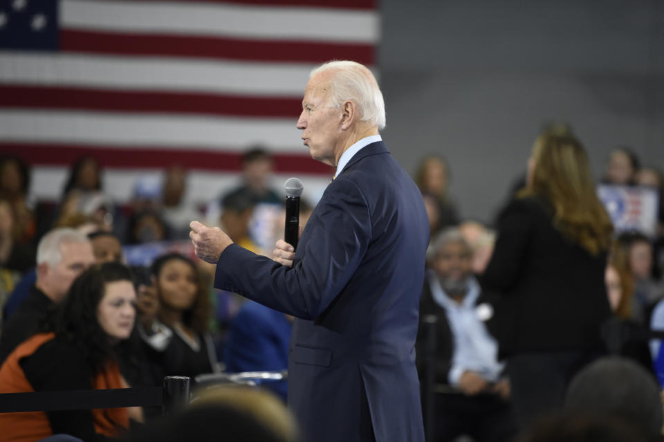 Former Vice President and Democratic presidential candidate Joe Biden speaks at a town hall held at Lander University on Thursday, Nov. 21, 2019, in Greenwood, S.C. (AP Photo/Meg Kinnard)