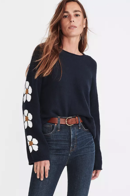 4) Belmore Floral-Sleeve Pullover Sweater in Coziest Textured Yarn