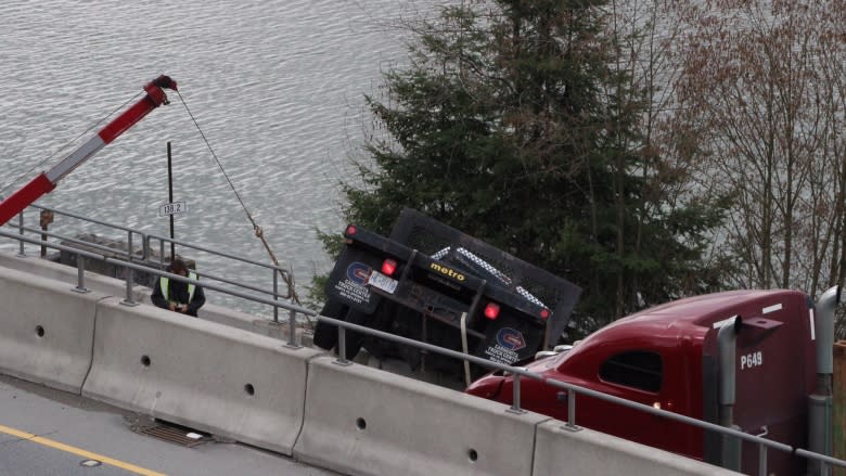 'That saved his life': Truck teetering off Hwy 17 hangs on by its steel tool box