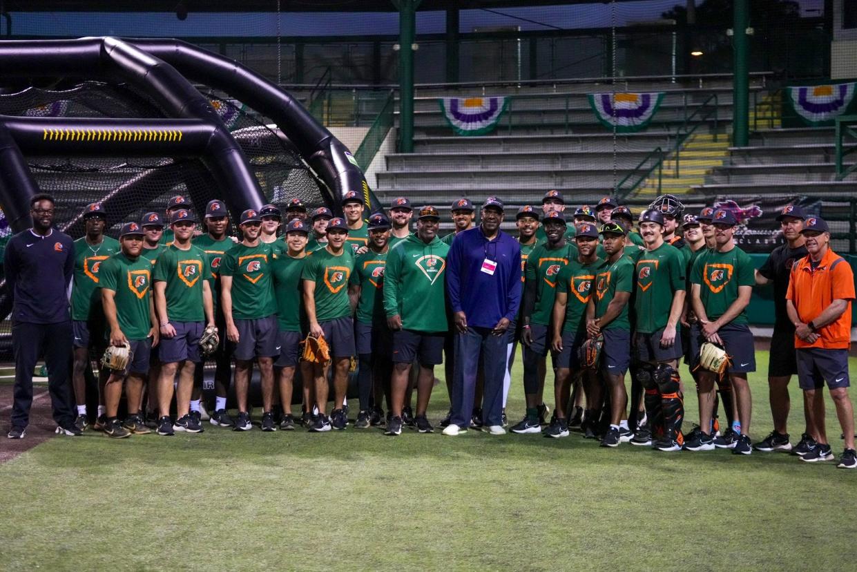 Florida A&M baseball gets a visit at practice from legendary Rattler Andre 'The Hawk' Dawson ahead of the 2023 Andre Dawson Classic in New Orleans, Thursday, Feb. 23, 2023