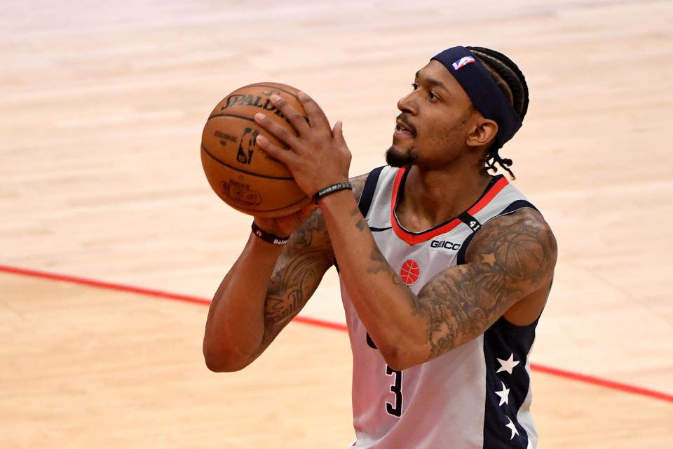 WASHINGTON, DC - MAY 16: Bradley Beal #3 of the Washington Wizards shoots against the Charlotte Hornets during the first half at Capital One Arena on May 16, 2021 in Washington, DC. NOTE TO USER: User expressly acknowledges and agrees that, by downloading and or using this photograph, User is consenting to the terms and conditions of the Getty Images License Agreement. (Photo by Will Newton/Getty Images)