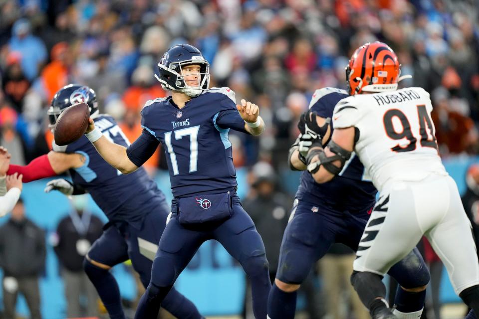 Tennessee Titans quarterback Ryan Tannehill (17) passes the ball during the second quarter of an AFC divisional playoff game at Nissan Stadium Saturday, Jan. 22, 2022 in Nashville, Tenn.