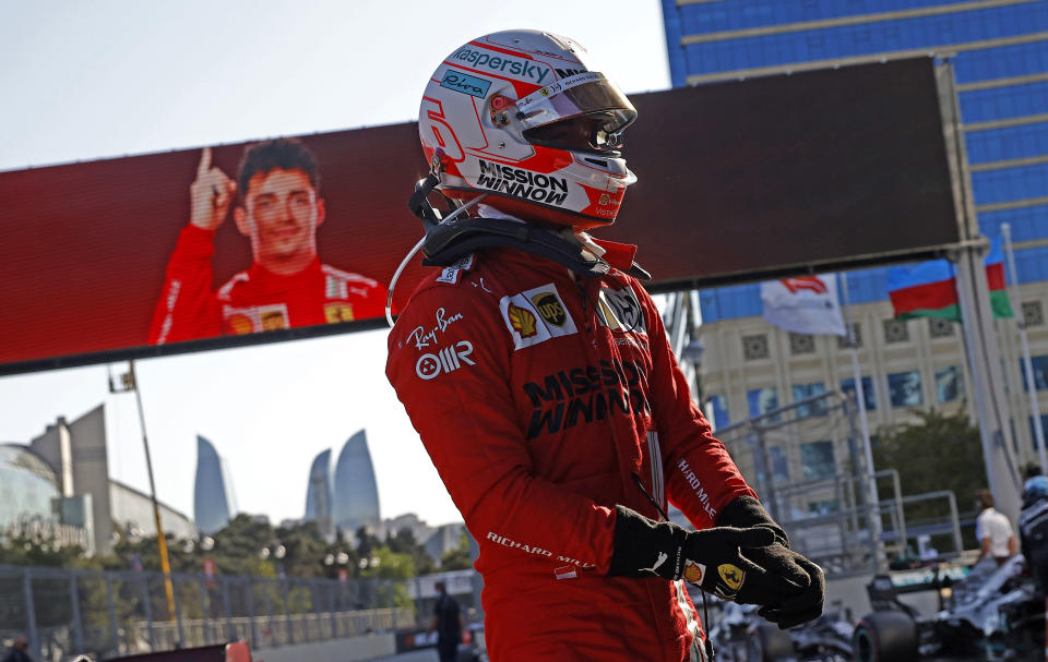 Ferrari driver Charles Leclerc of Monaco after taking pole position during the qualifying session at the Baku Formula One city circuit in Baku, Azerbaijan, Saturday, June 5, 2021. The Azerbaijan Formula One Grand Prix will take place on Sunday. (Maxim Shemetov, Pool via AP)