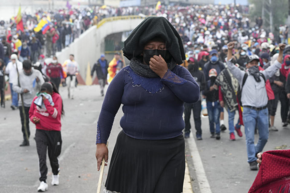 Demonstrators protest against the government of President Guillermo Lasso and rising fuel prices in Quito, Ecuador, Tuesday, June 21, 2022. Ecuador's defense minister warned Tuesday that the country's democracy was at risk as demonstrations turned increasingly violent in the capital. (AP Photo/Dolores Ochoa)