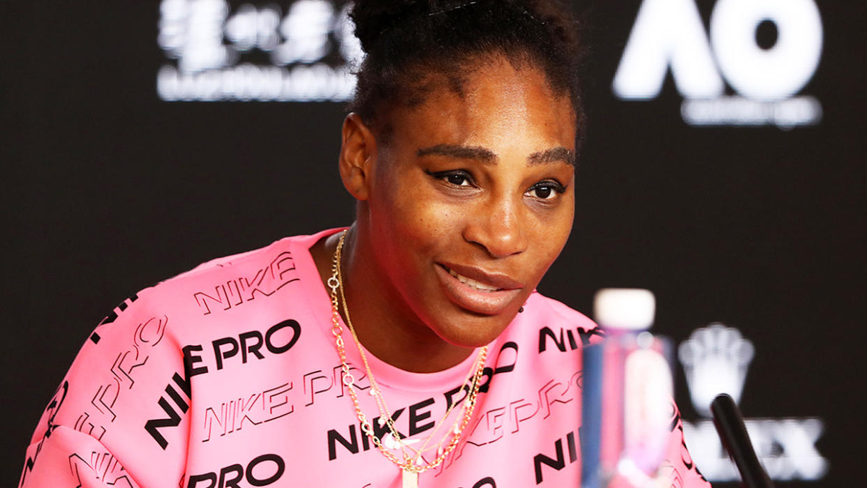 Serena Williams, pictured here speaking to the media at the Australian Open in 2020.