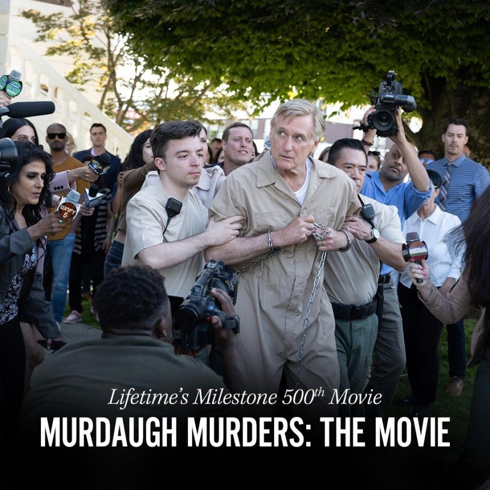 A Lifetime Movie promo image depicting Bill Pullman as Alex Murdaugh, being led out of a courthouse.