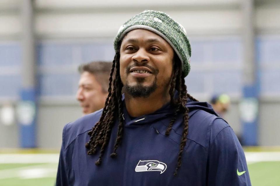 FILE - Seattle Seahawks running back Marshawn Lynch walks off the field after NFL football practice in Renton, Wash., in this Friday, Dec. 27, 2019, file photo. (AP Photo/Ted S. Warren, File)