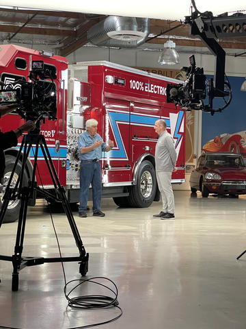 On April 15, Jay Leno's Garage will feature the all-electric North American-style Vector fire truck from REV Fire Group. Here is Mike Virnig, president, REV Specialty Vehicles Segment speaking with host Jay Leno about the Vector. (Photo: Business Wire)