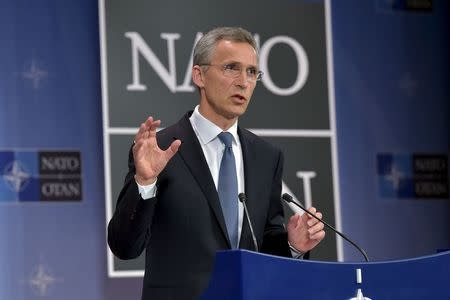 NATO Secretary General Jens Stoltenberg addresses a news conference after a meeting of the North Atlantic Council (NAC) in Defense Ministers session at the NATO headquarters in Brussels, Belgium, June 24, 2015. REUTERS/Eric Vidal