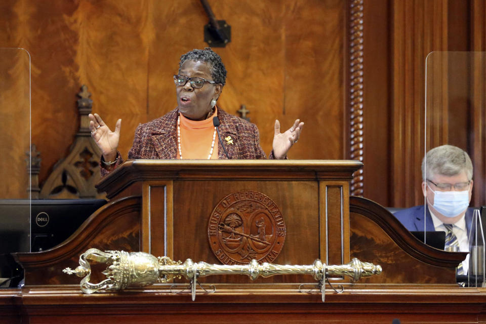 South Carolina's longest serving House member, state Rep. Gilda Cobb-Hunter, D-Orangeburg, presides over the House's organization session on Tuesday, Dec. 1, 2020, in Columbia, S.C. The House re-elected Speaker Jay Lucas to his leadership position. (AP Photo/Jeffrey Collins)