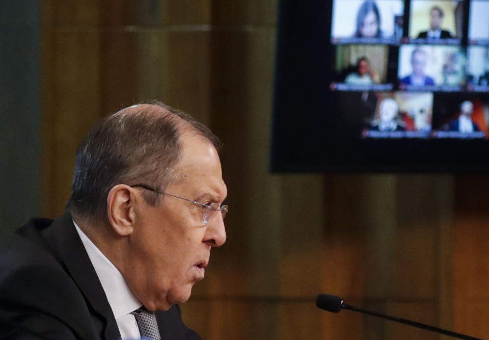Russian Foreign Minister Sergey Lavrov attends his annual news conference in Moscow, Russia, Friday, Jan. 14, 2022. (Maxim Shipenkov/Pool Photo via AP)