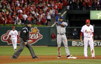 ST LOUIS, MO - OCTOBER 20: Elvis Andrus #1 of the Texas Rangers celebrates after hitting a single and advancing to second base on the throw in the ninth inning during Game Two of the MLB World Series against the St. Louis Cardinals at Busch Stadium on October 20, 2011 in St Louis, Missouri. (Photo by Jamie Squire/Getty Images)