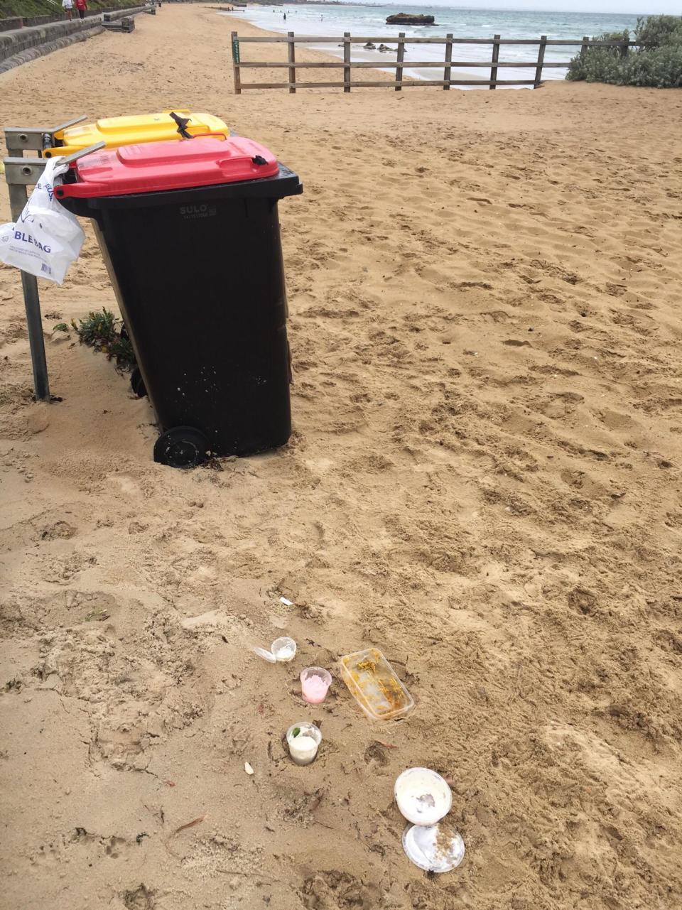 Plastic containers dumped a couple of metres from bins at Mentone beach in Melbourne. Source: Reddit/Highwinder77