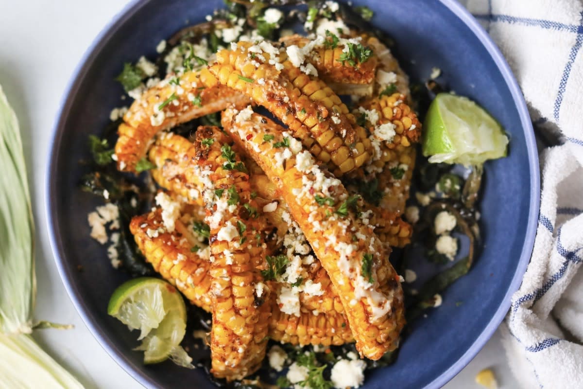 <p>Seasoned to Taste</p><p>Elotes style corn ribs prepared in the air fryer are ready in under 20 minutes! These corn “riblets” are bursting with tangy, chili and savory flavors.</p><p><strong>Get the recipe: <a href="https://www.seasonedtotasteblog.com/how-to-make-air-fryer-corn-ribs-elotes-style-recipe-video/" rel="nofollow noopener" target="_blank" data-ylk="slk:Air Fryer Corn Ribs, Elotes Style;elm:context_link;itc:0;sec:content-canvas" class="link rapid-noclick-resp">Air Fryer Corn Ribs, Elotes Style</a></strong></p>