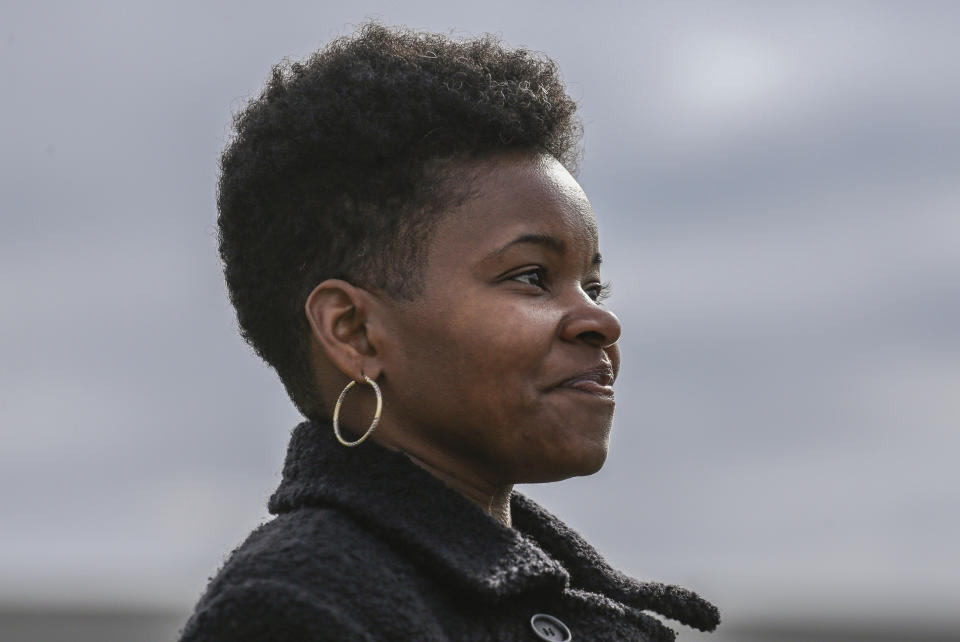 Buffalo mayoral candidate India Walton is seen during a walking tour of local businesses in Buffalo, N.Y., on Monday, Oct. 18, 2021. The race for mayor of Buffalo has four-term incumbent Byron Brown relying on a write-in campaign to fend off a challenge from newcomer Walton, who identifies herself as a democratic socialist. (AP Photo/Joshua Bessex)