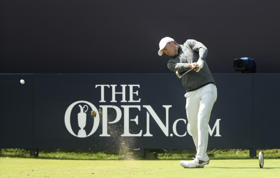 Jordan Spieth of the United States plays his tee shot on the 1st hole during the third round of the British Open Golf Championships at Royal Portrush in Northern Ireland, Saturday, July 20, 2019.(AP Photo/Jon Super)