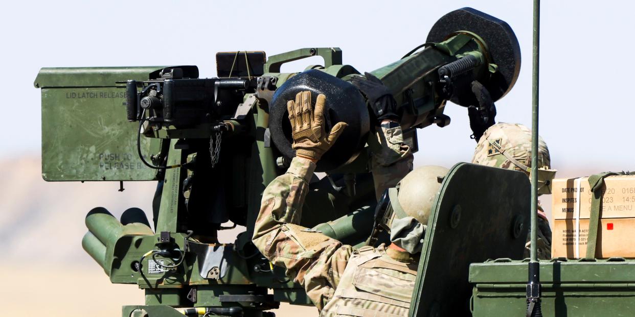 Soldiers with the 2nd Stryker Brigade Combat Team load a Javelin missile onto the Common Remotely Operated Weapons System on a Stryker Infantry Carrier Vehicle before a live-fire training exercise on April 28, 2022 in Fort Carson, Colorado.