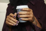 <p>Keeping in line with the rock and roll spirit of the collection, Michelle Saunders mastered an edgy-chic nail design with Dressed to the Nineties and Girly Grunge. (Photo: Essie) </p>