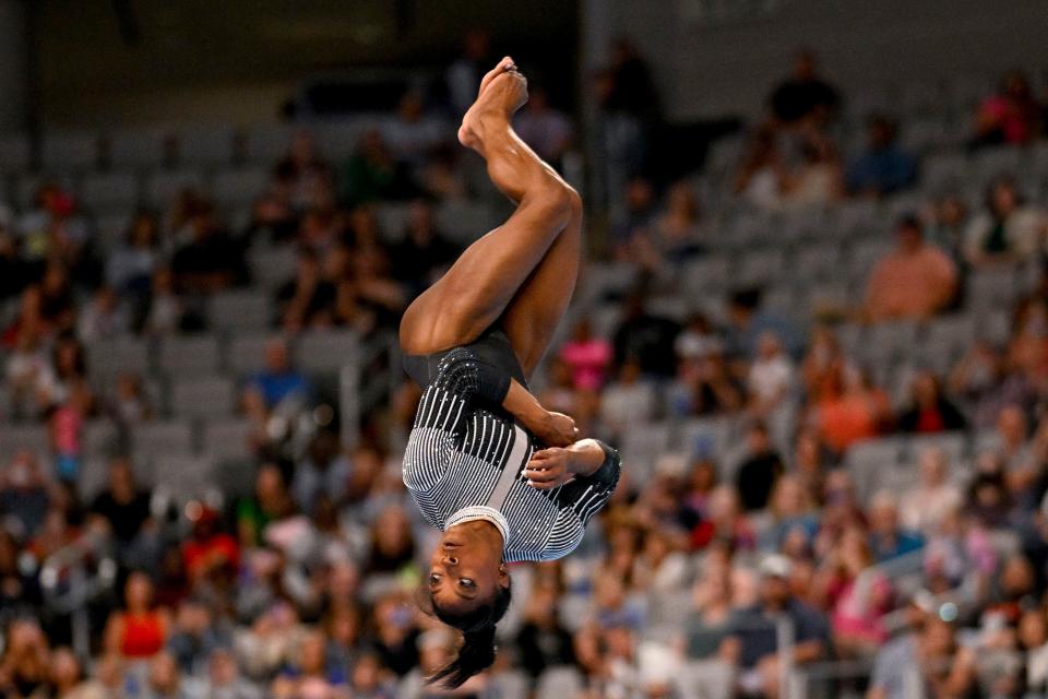 Simone Biles of World Champions Centre performs on floor exercise during day one of the women’s 2024 Xfinity U.S. Gymnastics Championships at Dickies Arena.