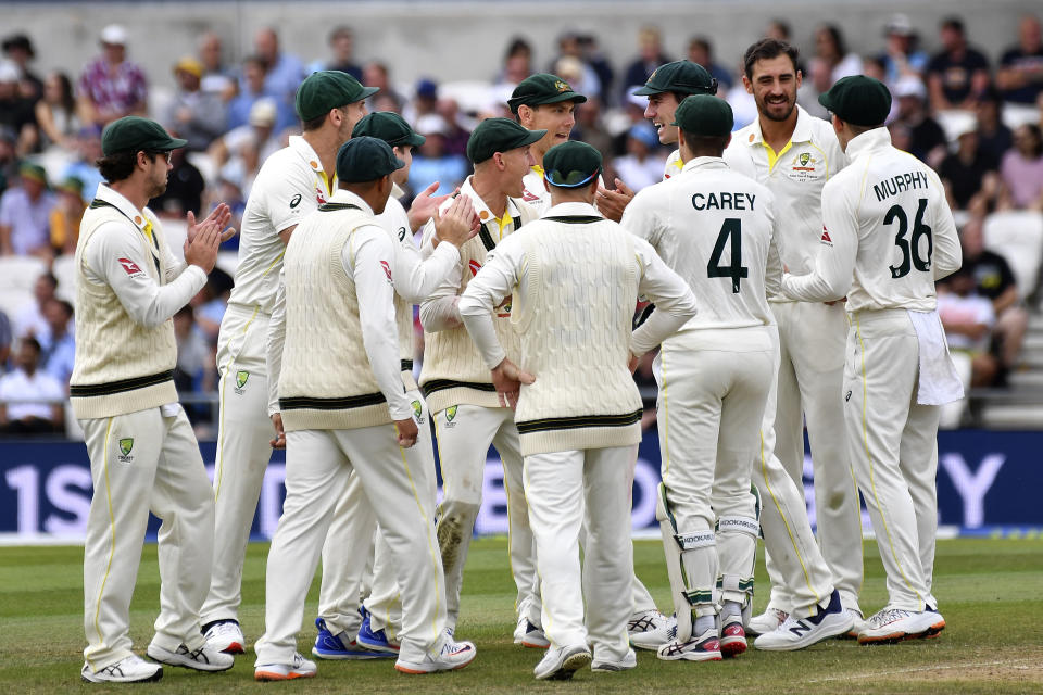 Australia's Mitchell Starc, second right, celebrates with teammates dismissing England's Ben Duckett on lbw during the fourth day of the third Ashes Test match between England and Australia at Headingley, Leeds, England, Sunday, July 9, 2023. (AP Photo/Rui Vieira)