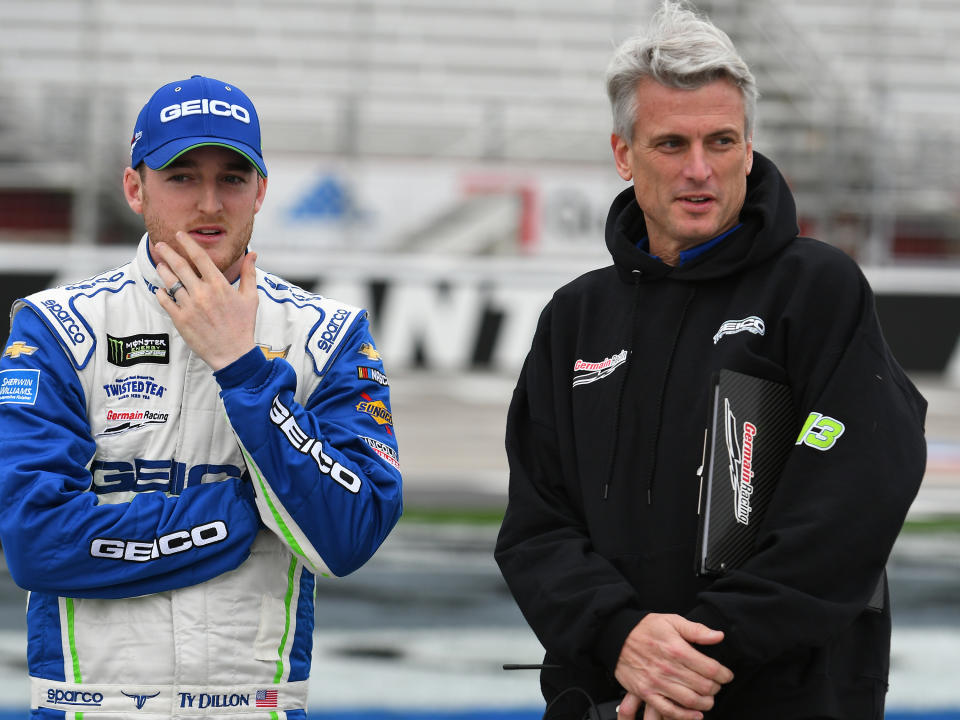 ATLANTA, GA - FEBRUARY 22: Ty Dillon, Germain Racing, Chevrolet Camaro GEICO (13) talks to his crew chief Matt Borland during qualifying for the Monster Energy Cup Series QuikTrip Folds of Honor 500 on February 22, 2019, at Atlanta Motor Speedway in Hampton, GA.(Photo by Jeffrey Vest/Icon Sportswire via Getty Images)