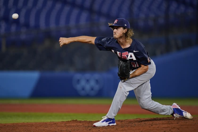 United States pitcher Joe Ryan plays during a baseball game against Israel at the 2020 Summer Olympics, Friday, July 30, 2021, in Yokohama, Japan. (AP Photo/Sue Ogrocki)