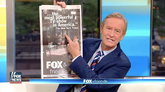 &ldquo;Fox &amp; Friends&rdquo; hosts devoted much of the Thursday show to the full-page ad the network took out in The&nbsp;New York Times. (Photo: Fox News)