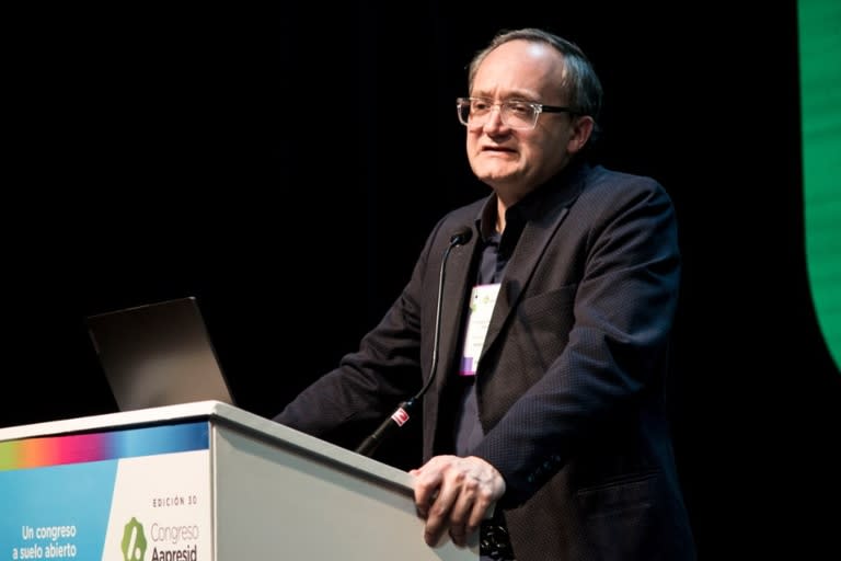 En el Congreso de Aapresid, Gustavo Idígoras, presidente de Ciara-CEC, durante la presentación de Visec, una plataforma de monitoreo para soja