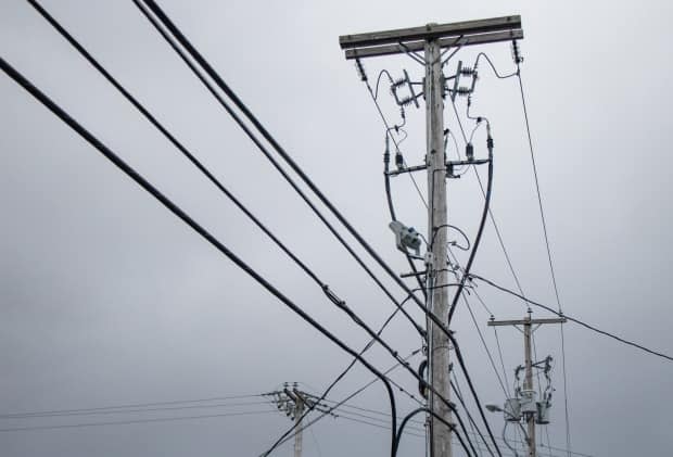 This undated file photo shows power lines in Nova Scotia. A Nova Scotia Power representative on Saturday said crews were able to restore power to more than 40,000 customers in the province. (Robert Short/CBC - image credit)