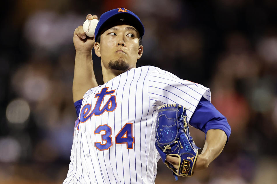 New York Mets pitcher Kodai Senga, of Japan, throws against the Atlanta Braves during the fourth inning of a baseball game Sunday, Aug. 13, 2023, in New York. (AP Photo/Adam Hunger)