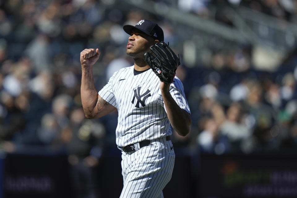 New York Yankees relief pitcher Jimmy Cordero reacts as he leaves the game during the sixth inning of a baseball game against the San Francisco Giants at Yankee Stadium Sunday, April 2, 2023, in New York. (AP Photo/Seth Wenig)